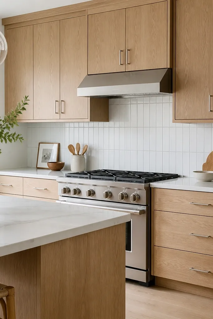 A bright kitchen with natural white oak cabinets, quartz countertops in soft white with light gray veining, and mirror-like chrome hardware. The backsplash is white tile with thin gray lines, and the walls are cool off-white.