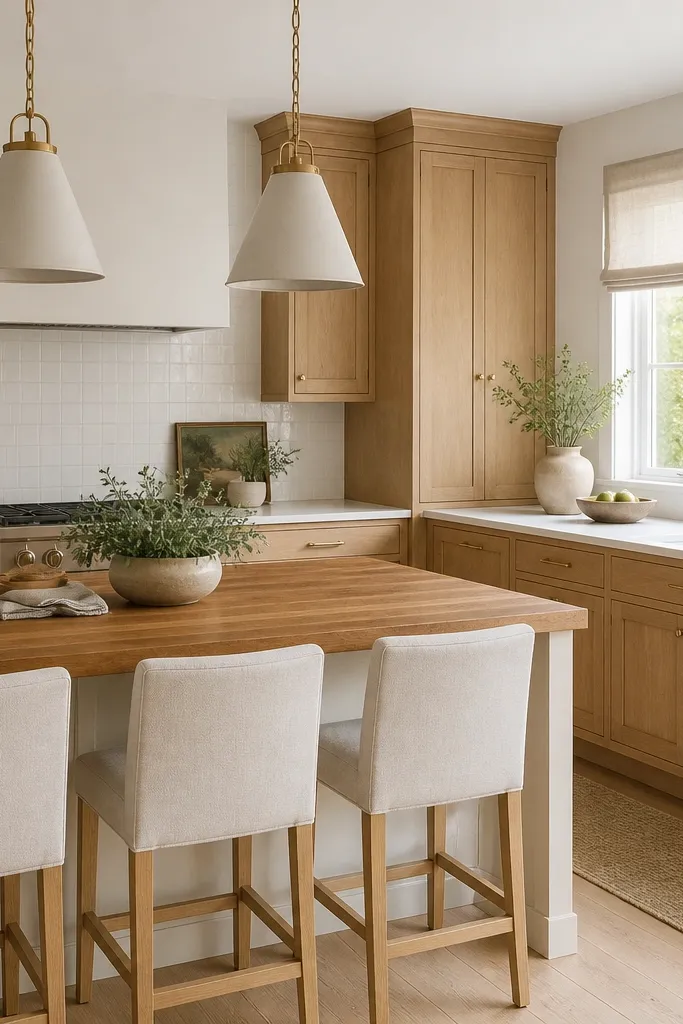 A kitchen where perimeter cabinets are natural white oak, and the island has a warm butcher block top. The backsplash is a simple white tile, and there are linen barstools with light wood legs. The hardware is warm bronze, and there's a large window with a light linen roman shade.