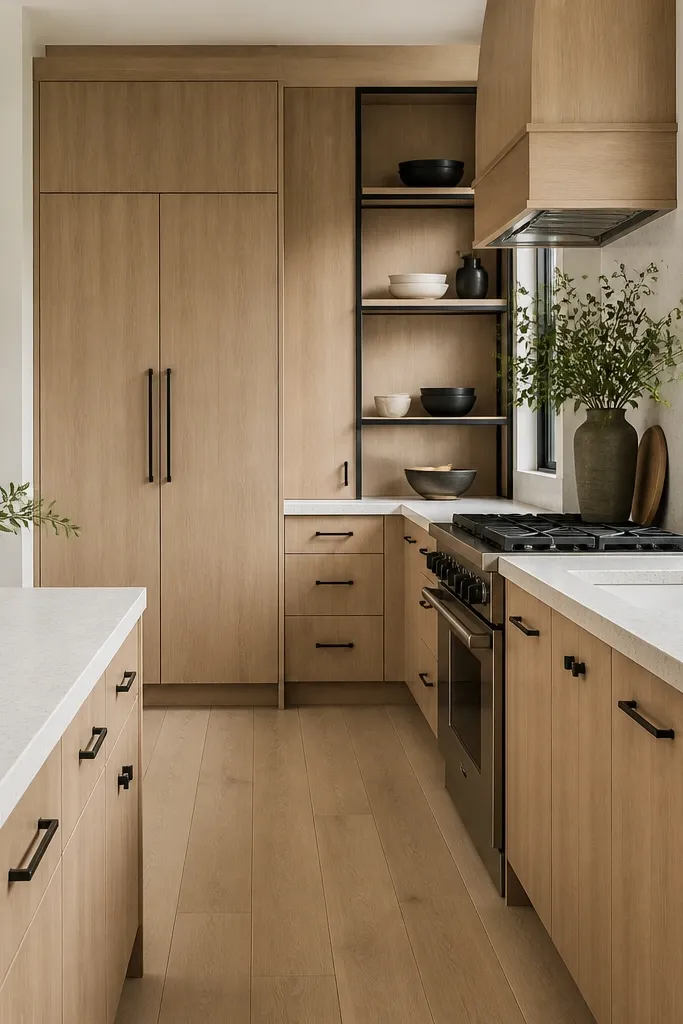 A modern kitchen with natural white oak cabinets that show straight, tight grain lines (rift-sawn look). Hardware is matte black, and there's a black-framed window or open shelving. The countertops are white with subtle gray flecks.