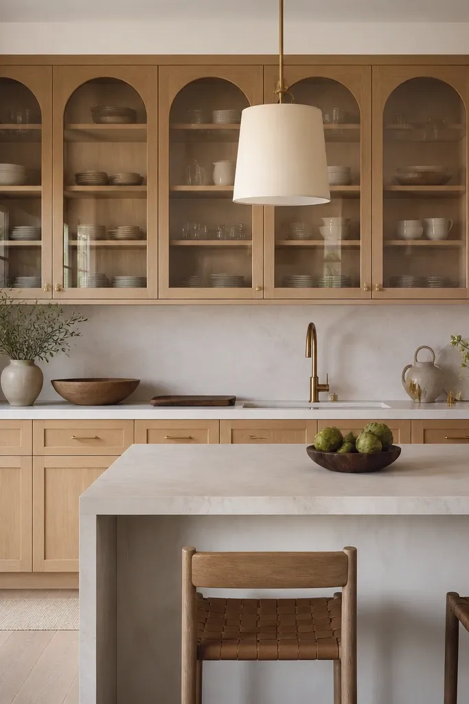 A kitchen with natural white oak cabinets and arched glass-front uppers. The lower cabinets are shaker with natural oak. The glass shows a soft reflection, and there are warm pendant lights above a white island. Hardware is brushed brass on the lower doors.