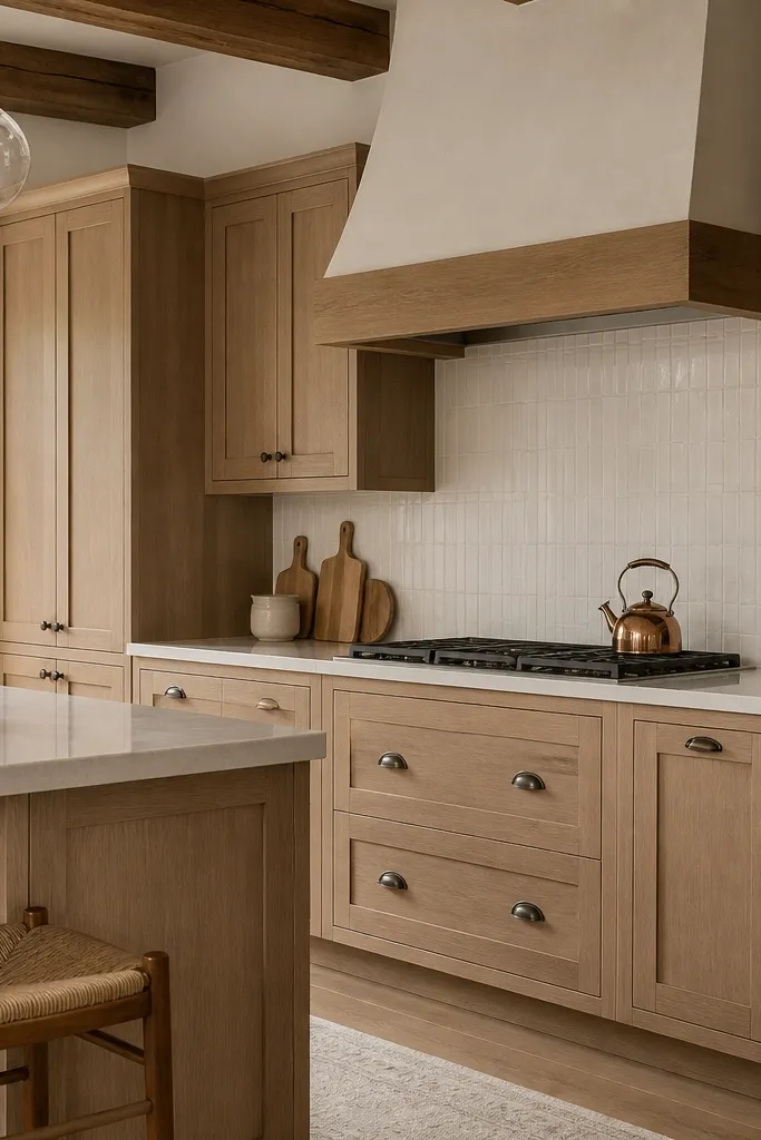 A cozy kitchen with natural white oak cabinets, slightly thicker chamfered shaker frames, and warm white walls. The countertop is creamy white quartz, and the backsplash is a simple white tile. The hardware is aged bronze and there's a wood ceiling beam detail.