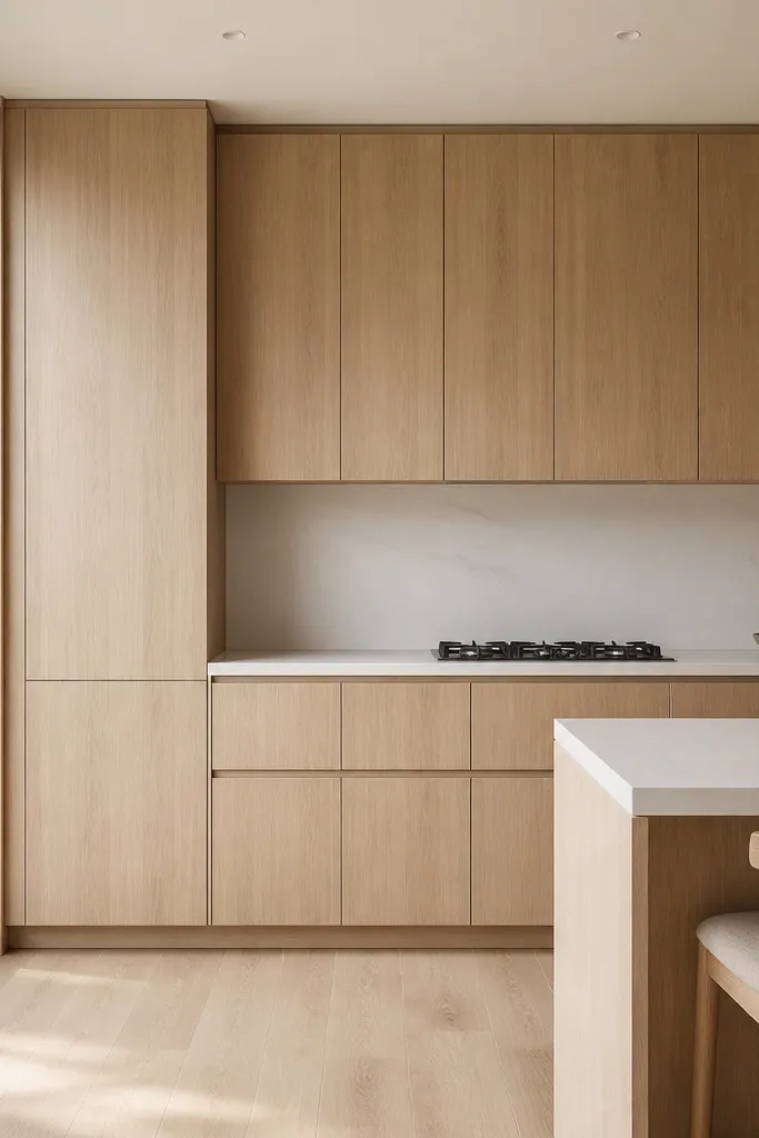 A minimal kitchen with natural white oak cabinets where the handles are integrated into the door edges, creating a clean vertical line. The counters are white, the backsplash is a smooth slab, and the lighting is recessed. Everything looks flush and modern.
