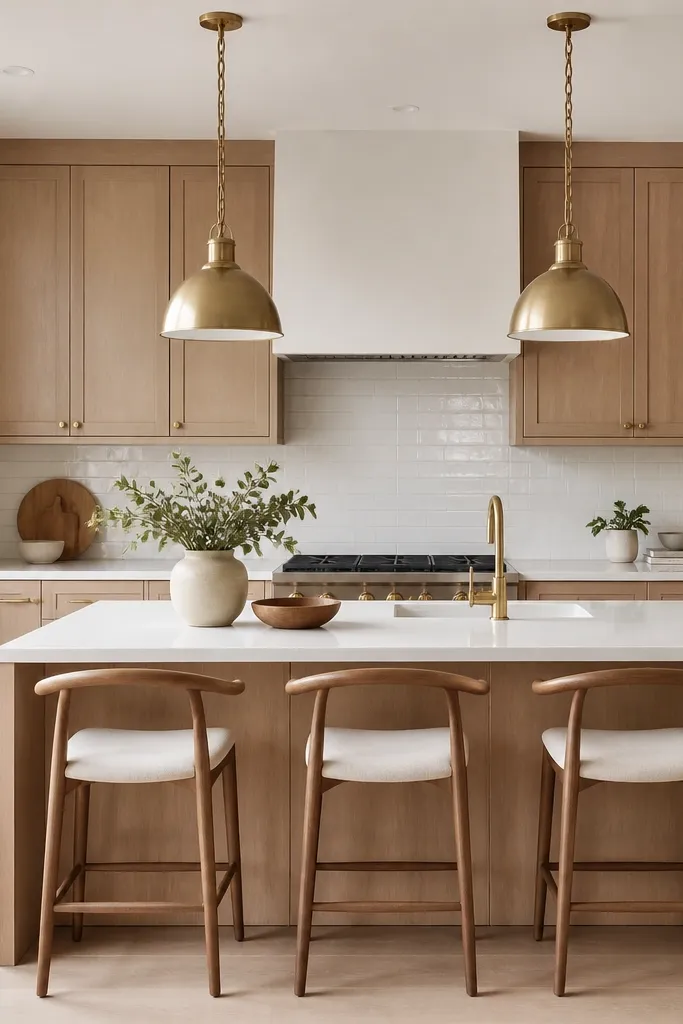 A kitchen with natural white oak cabinets and a glossy glass subway backsplash in white. There are brass pendants above the island and brass cabinet hardware. The countertop is a warm white stone, and the floor is light oak or pale wood planks.
