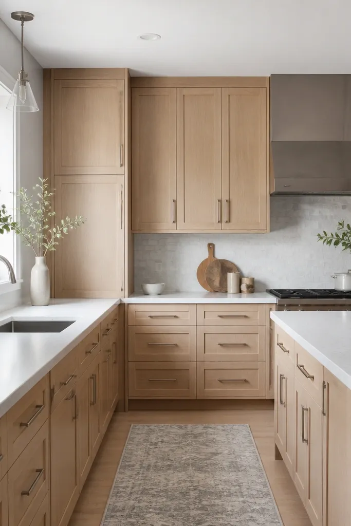 A kitchen with natural white oak cabinets, white ceiling, and soft gray walls. The countertops are white quartz with tiny gray flecks. The hardware is brushed nickel, and there's a light gray runner on the floor.