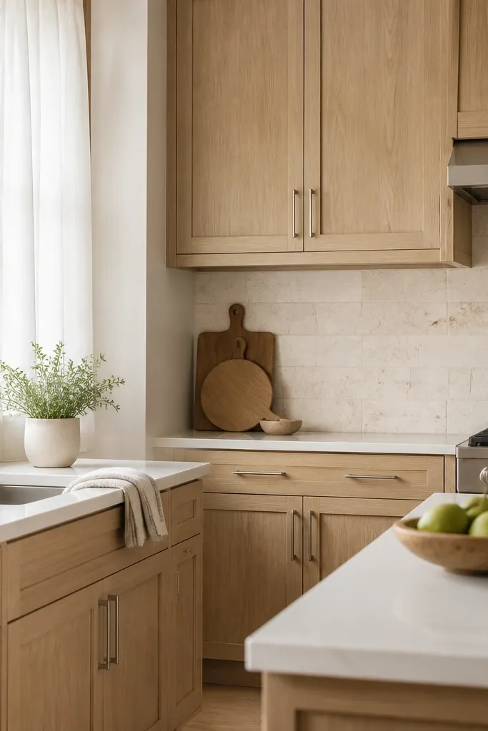 A kitchen with natural white oak cabinets and a backsplash made of light limestone or limestone-look tile. The stone has tiny speckles and a matte finish. Hardware is brushed nickel, and the countertop is white quartz. There's a large window with sheer curtains.
