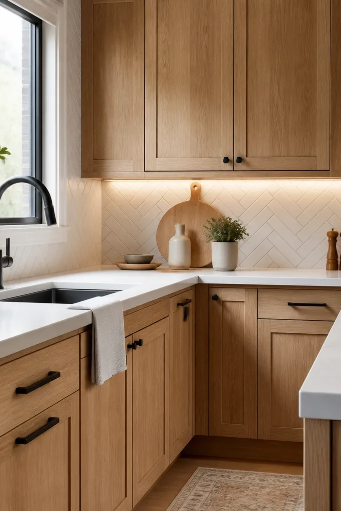 A kitchen where natural white oak cabinets sit against a white herringbone backsplash with light gray grout. The countertop is white, and there's a matte black faucet. Cabinet hardware is black or dark bronze, and the lighting is warm under-cabinet LEDs.