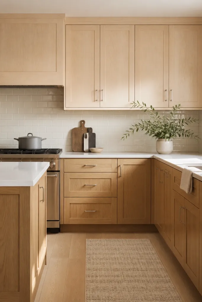 A kitchen with natural white oak uppers that look pale and clear, and lower cabinets in a slightly warmer oak tone. The countertop is white, and the backsplash is a creamy subway tile. Hardware is brushed nickel, and there's a light wood floor.