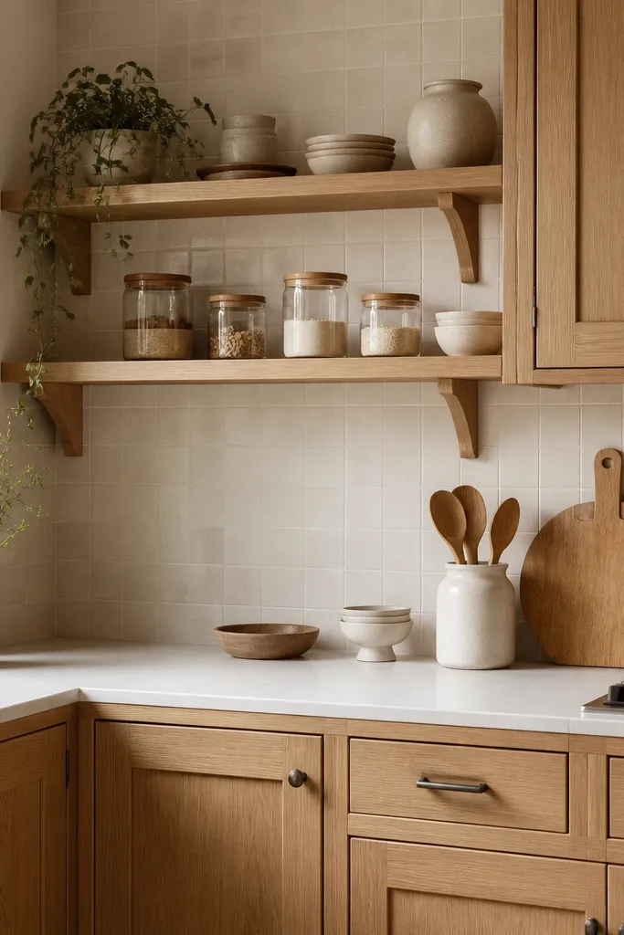 A kitchen with natural white oak cabinets, where some upper sections are open shelves. The shelves match the cabinet oak and sit on small oak corbels. The countertop is white, and the backsplash is a soft matte tile. There are glass jars and simple ceramics on the shelves.