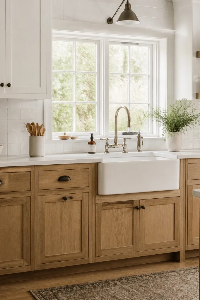 A farmhouse-style kitchen with natural white oak base cabinets, white upper cabinets, and a white apron-front sink. The hardware is aged bronze, and the backsplash is white tile with a slightly textured finish. There are warm wood accents and a large window above the sink.