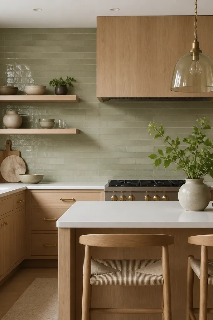 A kitchen with natural white oak cabinets and a pale green ceramic tile backsplash with small variation. The countertops are white, and the hardware is brushed brass. There are light wood barstools and a green-tinted glass pendant shade.
