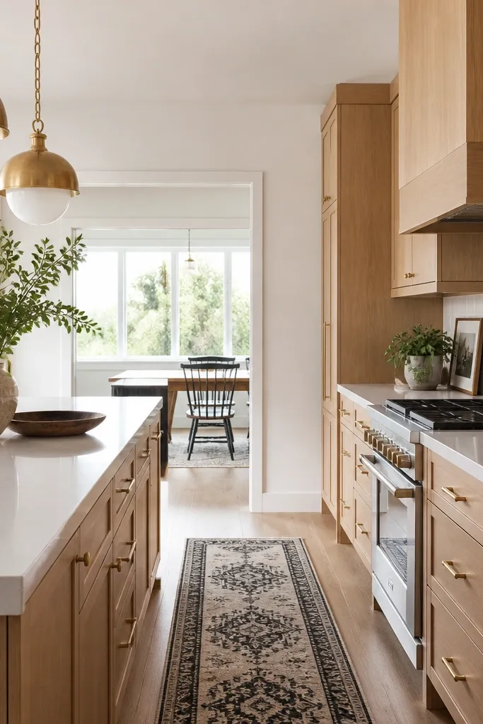 A kitchen with natural white oak cabinets, a white quartz countertop, and a black and white patterned runner on the floor. Hardware is brushed brass. The backsplash is simple white tile, and there are brass pendant lights.