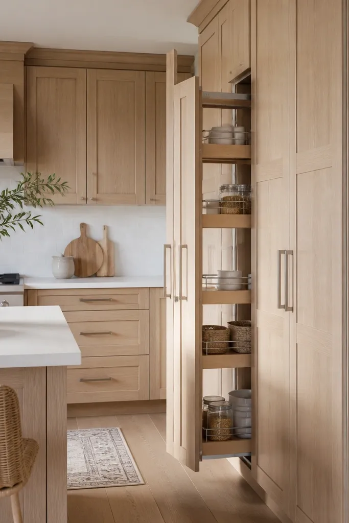 A kitchen featuring natural white oak cabinets with a tall pantry wall. The pantry doors have shaker panels and slim trim lines. The rest of the cabinets are also oak. There's a white countertop and a simple backsplash. Hardware is brushed nickel and the pantry has a pull-out rack inside.