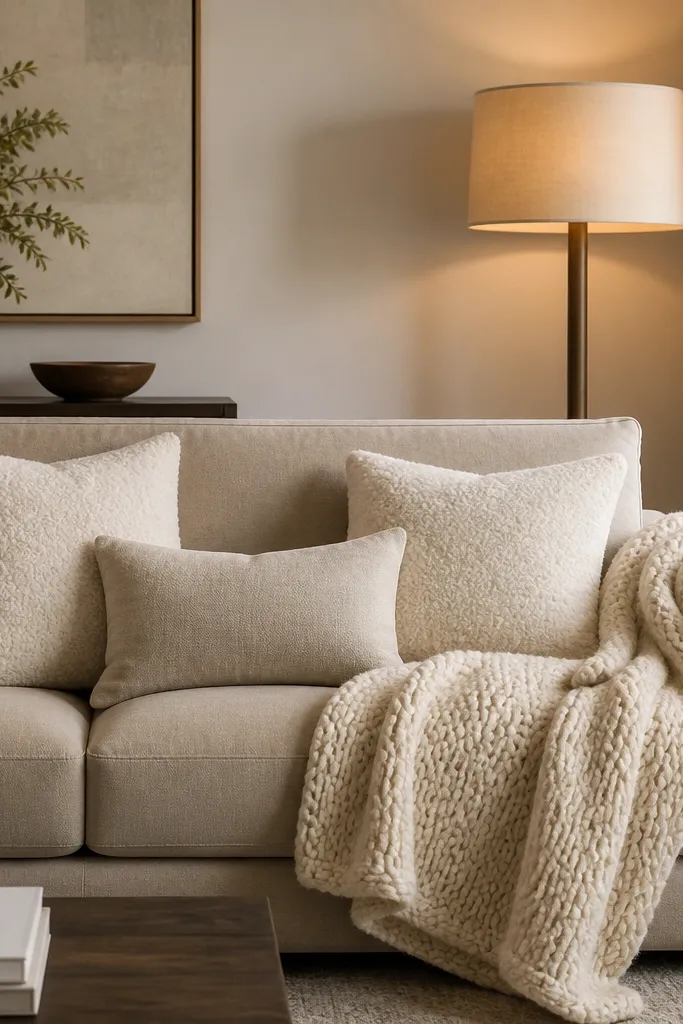 A living room with an oat-beige sofa. Two cream boucle throw pillows sit in front, with one smaller pillow in a plain textured cotton. A chunky knit throw in warm ivory drapes over the right arm. Behind, a tall floor lamp with a beige drum shade glows softly.