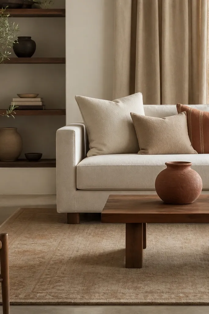 A neutral living room with a warm greige area rug that has subtle tone-on-tone pattern. A rust terracotta ceramic vase sits on a low wooden coffee table. Three pillows mix oat, sand, and a terracotta stripe fabric. A tan linen curtain hangs behind the sofa.