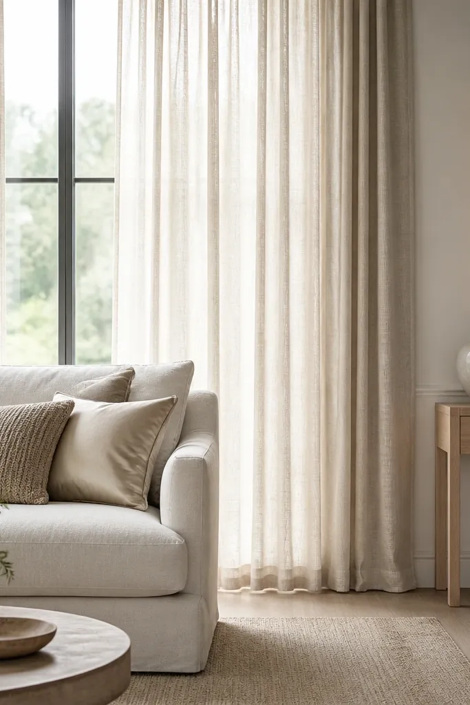 A window wall with floor-length cream linen curtains. The sofa is a soft warm white or light beige. Pillows include a sand knit and a cream satin-cotton blend. A small framed print in muted earth tones sits above a console table.