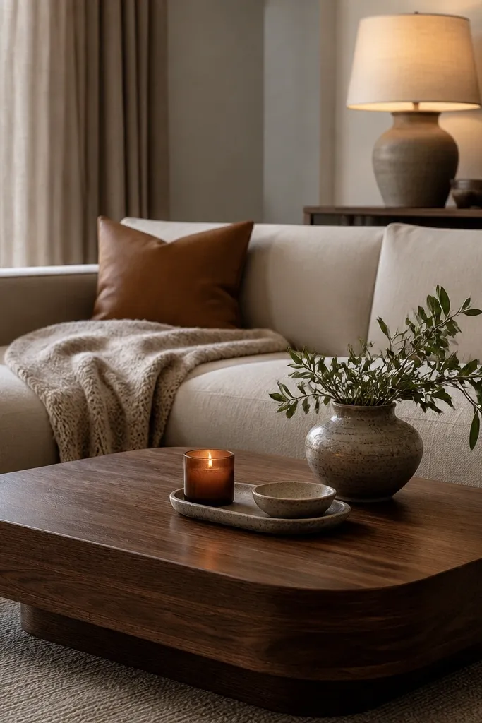A low walnut coffee table with rounded edges. On the sofa, there's a caramel leather pillow with a subtle sheen and a woven throw blanket in oatmeal. A small tray holds a candle and a ceramic dish. Warm light spills from a table lamp with a fabric shade.