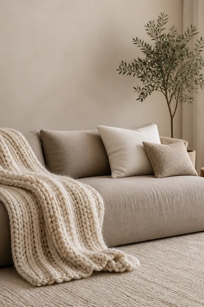 A low taupe sofa with a long chunky knit throw draped from the left side. The throw is a mix of ivory and oatmeal yarn with visible thick stitches. Pillows are simple: one taupe, one cream, one small pillow in a woven cotton. A neutral rug and a simple wood side table sit nearby.