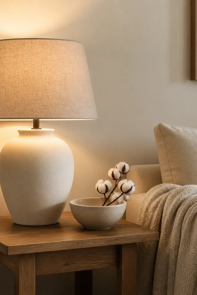 A ceramic table lamp with a matte cream base on a wood side table. The shade is linen in a warm sand color. Light spreads across a neutral wall. Nearby, a small ceramic bowl holds cotton stems. The sofa behind is beige with a soft throw.