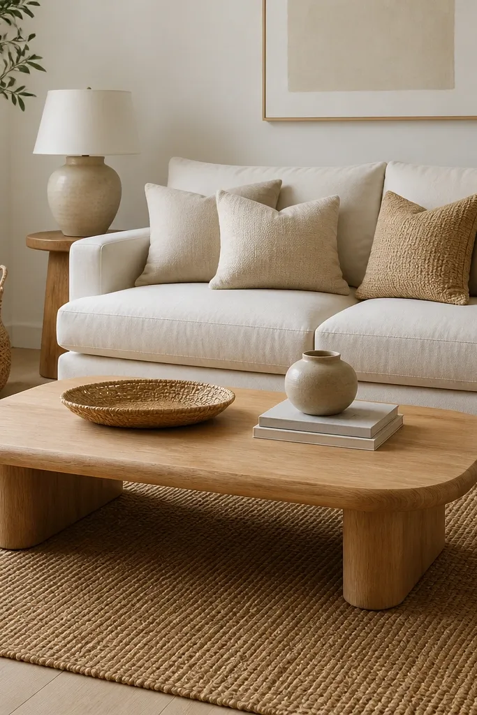 A sisal or sisal-look rug in a natural honey tone under a sofa. Pillows are in oatmeal, cream, and sand, with one jute-woven pillow cover. A woven basket sits near the side table. The coffee table is light wood with rounded corners.