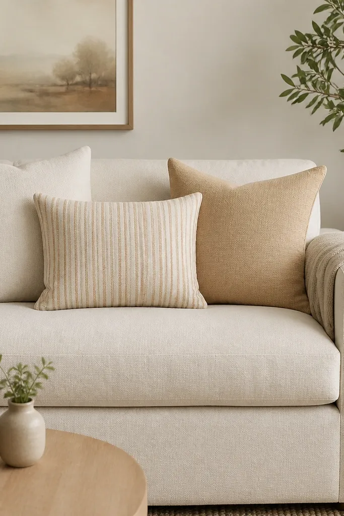 A cream sofa with three pillows. Two are solid cream and sand, and one is a sand-toned striped pillow with thin vertical lines. A striped pillow cover repeats warm undertones. A neutral throw is folded over the arm. A neutral wall and simple framed art sit behind.