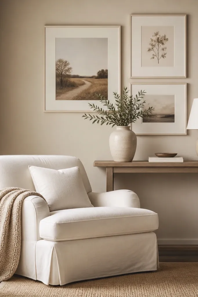 A warm white slipcovered accent chair with soft rounded arms. A small gallery wall of 3 framed prints in off-white frames hangs above a narrow console. A knit throw sits over the chair arm. A ceramic vase and a small lamp are on the console.