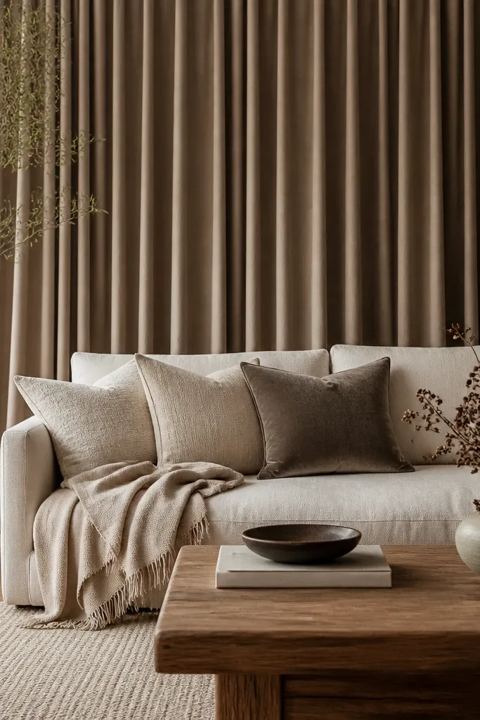 Floor-length taupe velvet curtains with soft folds. A sofa in oatmeal fabric sits in front. Pillows are cream and oat with one velvet accent pillow in taupe. A warm wood coffee table and a wool throw complete the scene.