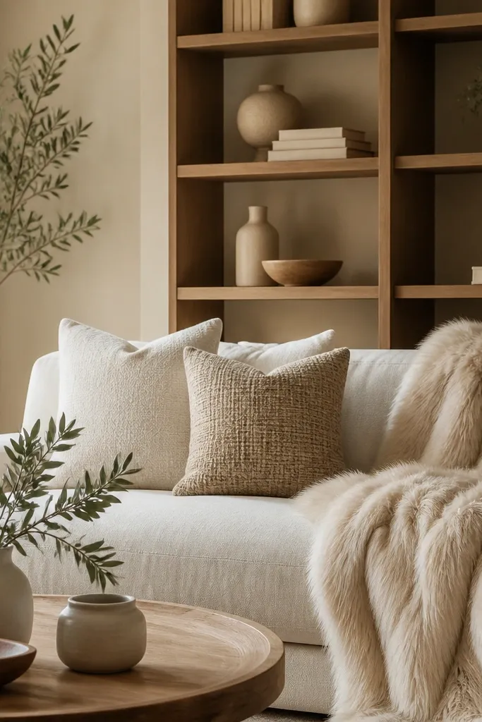 A neutral living room with a warm wood open shelf unit. On the shelf are ceramic vases, a stack of books with cream covers, and a small plant. A faux fur throw in light beige is draped over the sofa. Pillows are cream and sand, with one woven pillow cover.