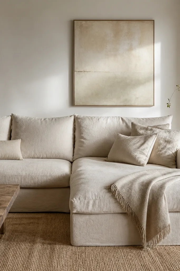 A neutral sectional with loose, bedding-style linen cushions. The pillows look slightly rumpled like lived-in linen. Colors are cream, oat, and light sand. A simple wool throw sits across the chaise. A textured rug and minimal wall art finish the look.