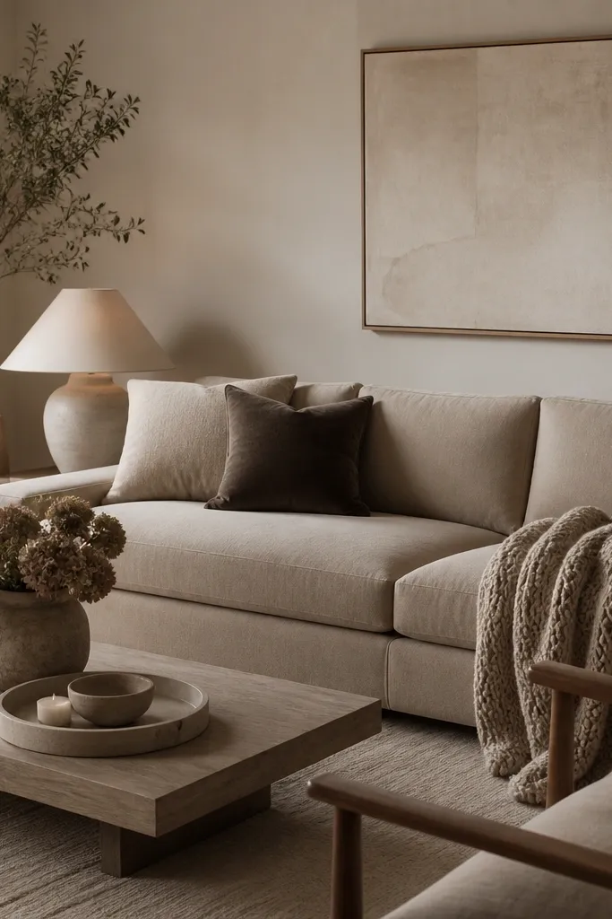 A monochrome warm neutral living room. The rug has a low pile, the throw is chunky knit, and the pillows include a velvet-touch cover. The sofa is in warm greige. A ceramic tray and soft lighting complete the palette.