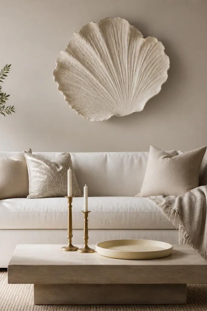 A neutral living room with an oyster-shell-toned wall decor piece above the sofa. On the coffee table are two warm brass candle holders and a matte cream tray. Pillows are cream, sand, and a subtle oyster-toned pattern. A soft throw in oatmeal drapes over the sofa.