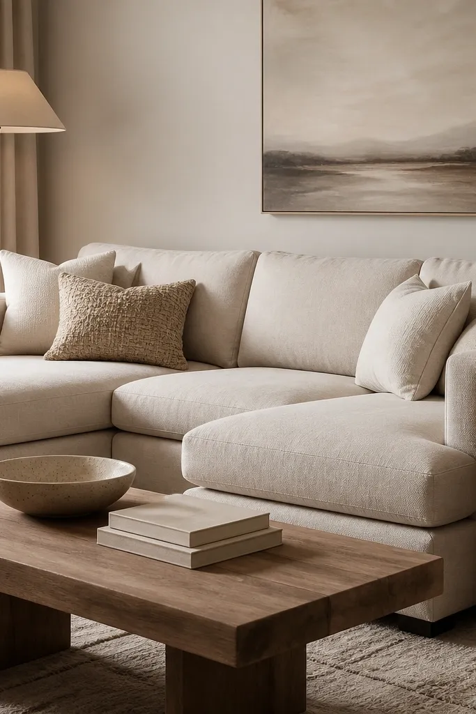A warm neutral sectional in oatmeal tone. A tall floor lamp with a beige shade stands next to it, and a matching table lamp sits on a wood side table. The coffee table holds a ceramic bowl and a stack of cream books. Pillows mix cream, oat, and one textured woven cover.