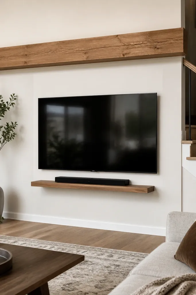 A TV centered on a stair-adjacent wall. A thick faux mantel beam in warm oak runs horizontally at about eye level, with a slim floating shelf beneath the TV. The cords disappear into a white cord channel that blends with the wall, and the area around the TV looks framed without any visible screws.