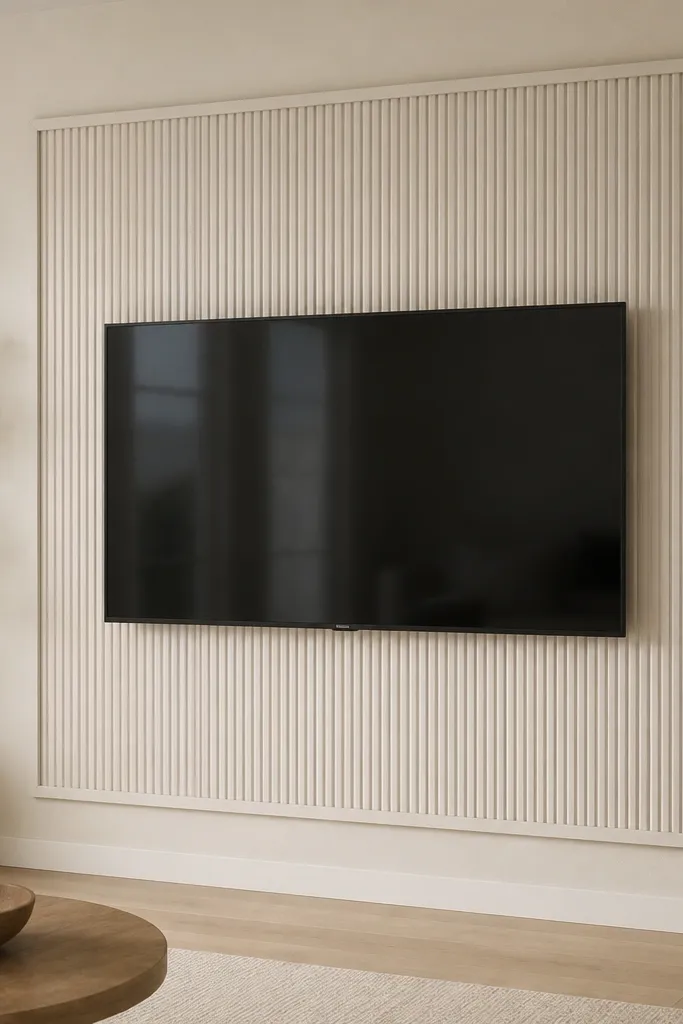 A TV mounted on a wall panel backdrop. Behind the TV is a grid of vertical fluted strips in matte white, arranged like columns, with a thin rectangular frame around the edges. The TV cables are hidden behind the panel, and the floor trim and wall paint remain clean and unbroken.