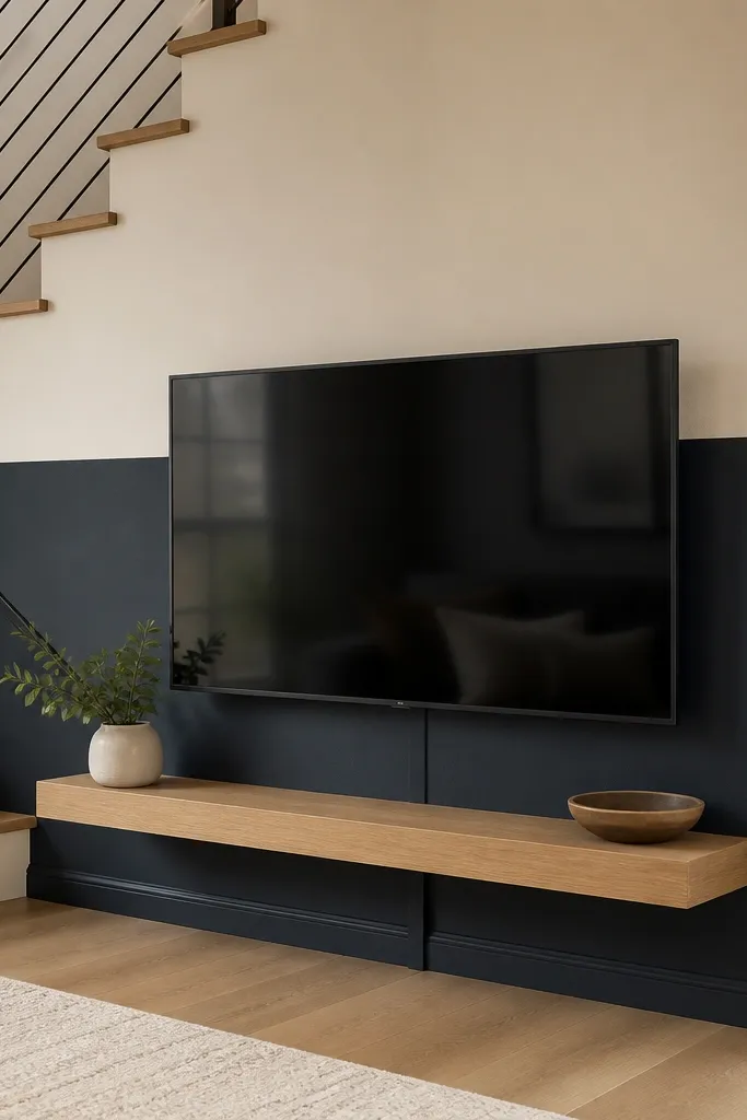 A TV on a stair wall framed by a two-tone paint design. The upper section is warm white and the lower section is a deep charcoal or ink blue, with a floating media ledge in light oak running under the TV. Cables are hidden in a slim channel painted to match the lower color band.