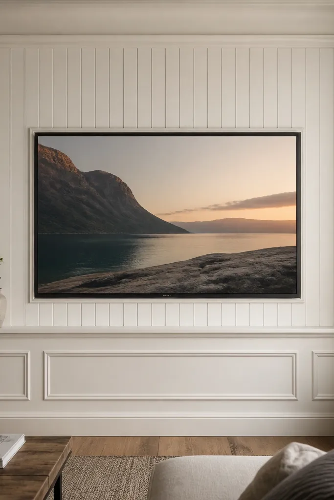 A TV sits within a narrow rectangular frame on a beadboard wall. The beadboard is painted soft white with subtle shadows in the grooves. Below the TV is a slim ledge, and the lower wall trim looks like classic wainscoting without any visible drilling.