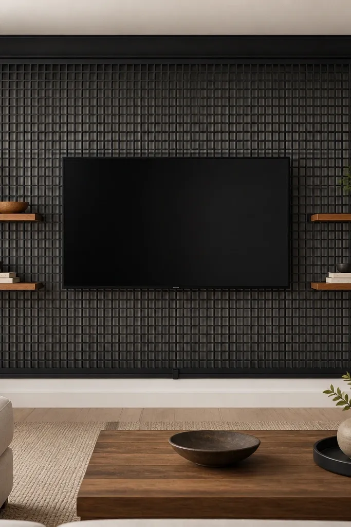 A TV is mounted on a wall covered with a black metal lattice panel. Two warm wood shelves sit symmetrically on either side of the TV, with small decor objects kept low. The cables run down behind the lattice and disappear into a black cord channel.