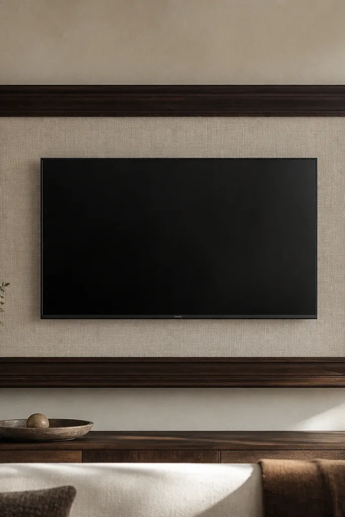 A TV sits in the middle of a large picture-frame style border. The border is thick, matte, and in a dark walnut tone. Inside the border is a neutral textured background panel, and the TV cables are hidden behind the frame.