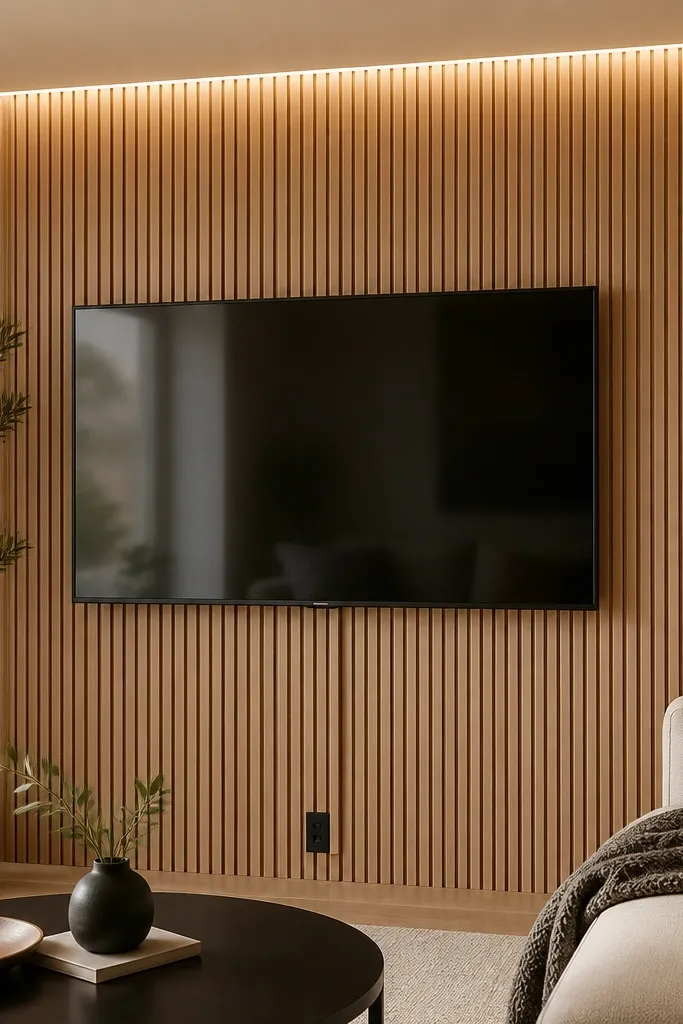 A TV is mounted against a slatted wall made of light oak strips running vertically. Above the TV, a thin LED strip glows warm white and washes the wall. Cables are hidden in a narrow channel that runs straight down to the outlet.