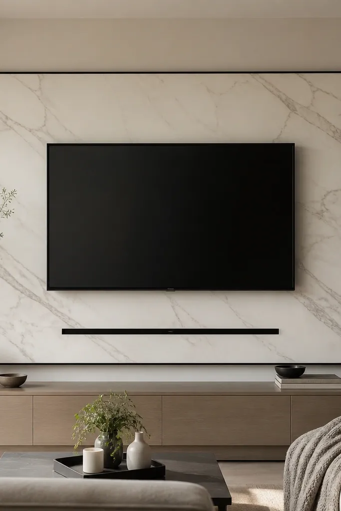 A TV is framed by a marble-look peel-and-stick panel surround. The stone pattern is creamy white with soft gray veining. Thin black trim lines the edges, and a black cord channel sits below the TV.