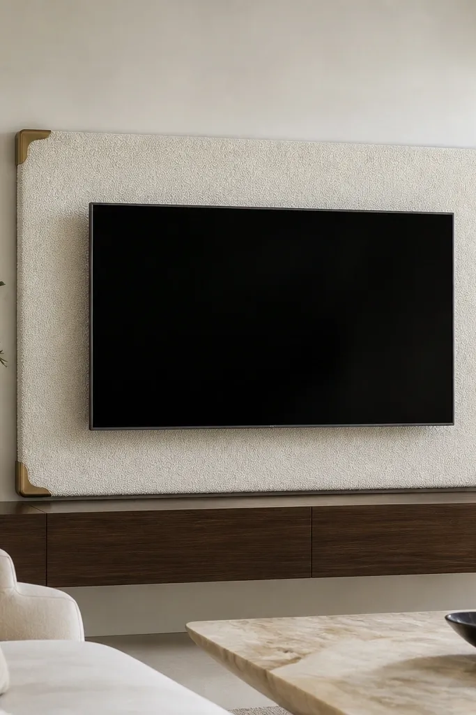 The TV sits in front of a rectangular bouclé upholstered panel. The fabric is off-white with a tight loop texture. Brass corner caps frame the panel edges, and the TV cables are hidden behind the upholstered backing.