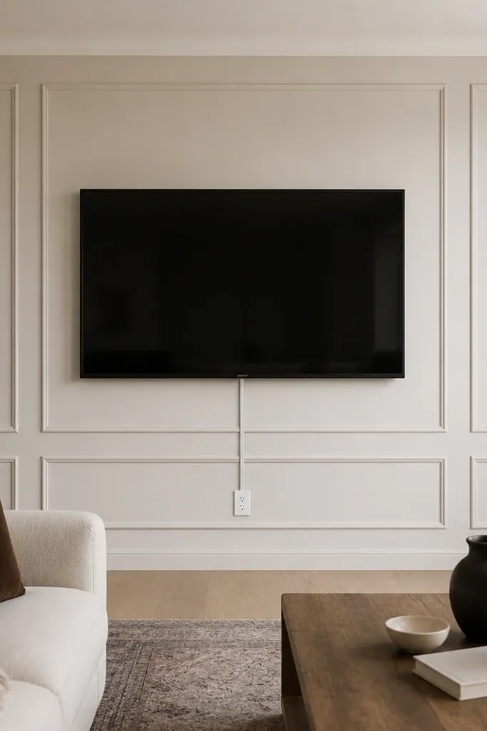 A TV is placed within a built-in-looking niche created by wall molding strips. The molding creates a rectangular inner box in the center and smaller panels around it. The TV is mounted with no visible hardware, and a thin white cord cover runs straight down to the outlet.