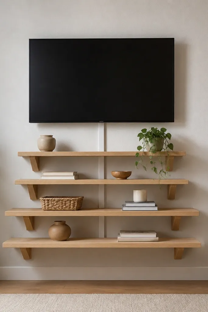 A TV is centered above a set of floating ladder-like shelves. The shelves are made from light wood with simple brackets, and they step outward slightly. The wall behind is plain, and cables run down behind a discreet white cord channel.