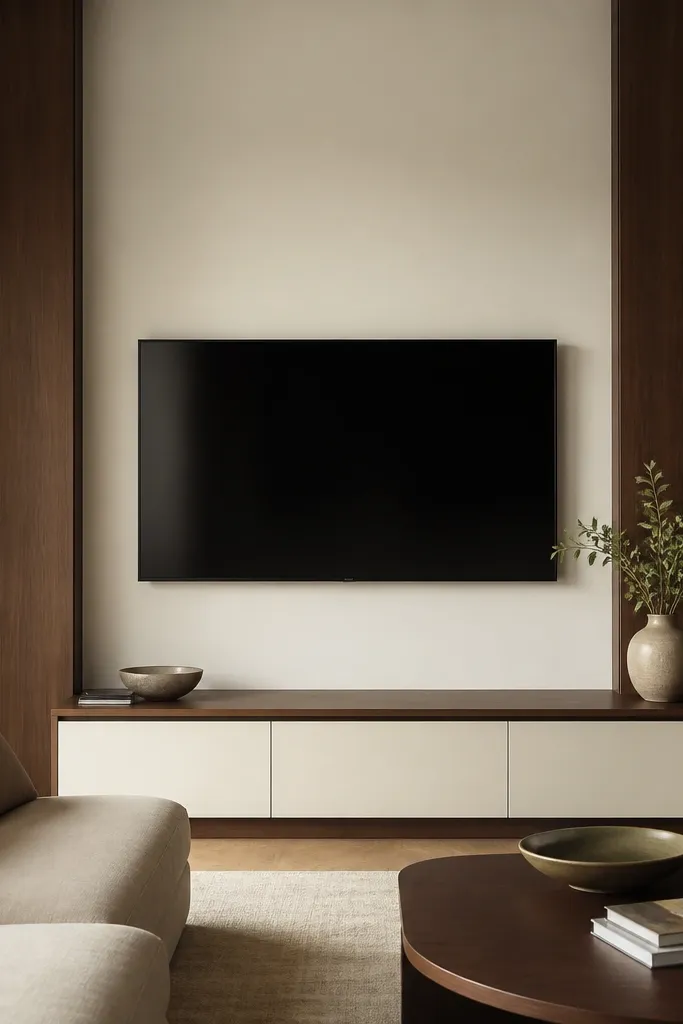 Two dark walnut vertical columns flank a light center panel where the TV is mounted. The center panel is a smooth painted surface or light panel board. The columns have clean edges and a subtle sheen, and the TV cords are hidden in a channel under the center panel.