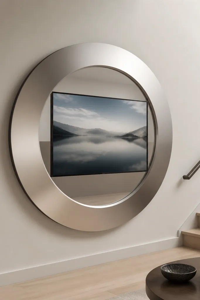 A TV is mounted inside a large circular frame on a stair wall. The frame looks like a mirror or brushed metal ring, with a soft reflective finish. The area around the circle is minimal, and the cables are hidden behind the frame.