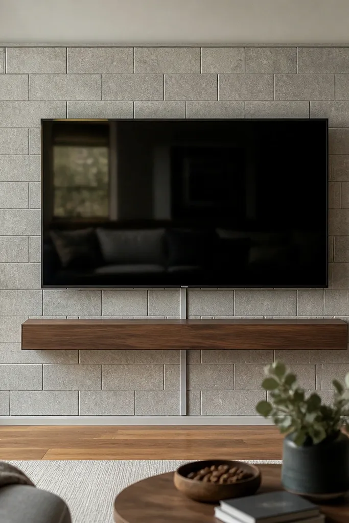 The TV sits within a stone-effect peel-and-stick subway tile surround. The tiles are light gray with darker grout lines, and the surround has a clean rectangular border. A narrow floating console runs under the TV, and a discreet cord channel blends with the stone.