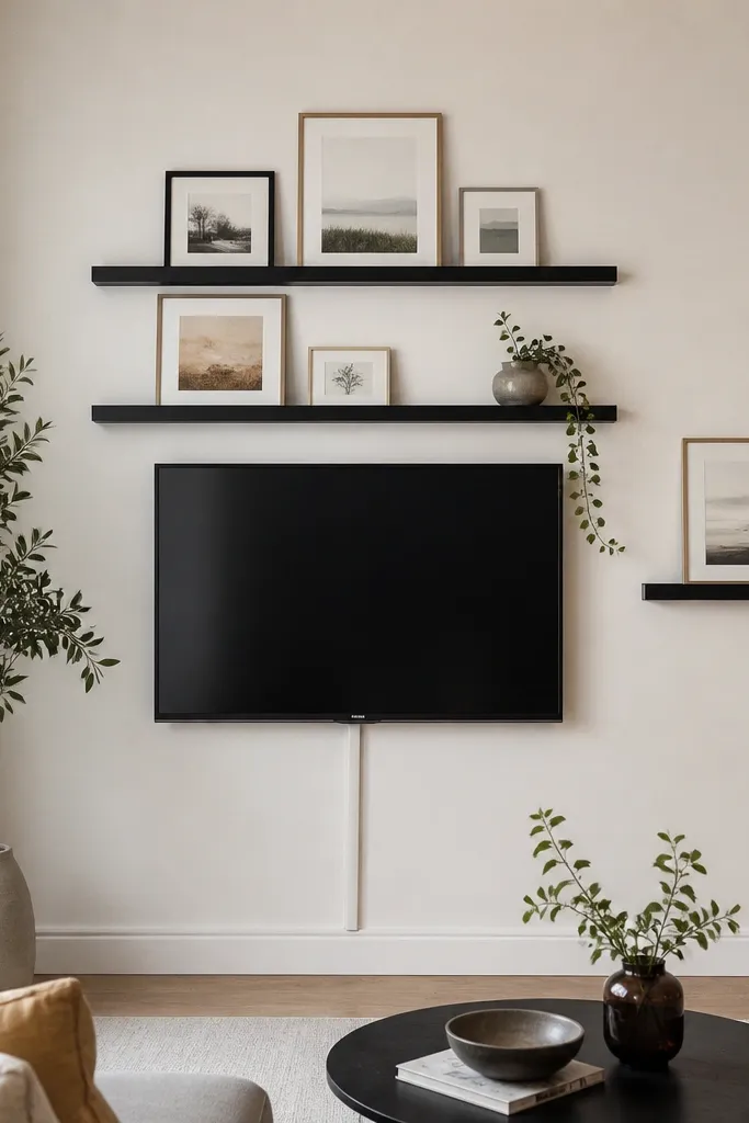 A TV is mounted on a renter-safe gallery rail system, with two picture ledges stacked above and beside it. The wall is a soft warm white, and the ledges are in a matte black finish. Small framed prints sit on the ledges, and cords are hidden behind a slim cover.