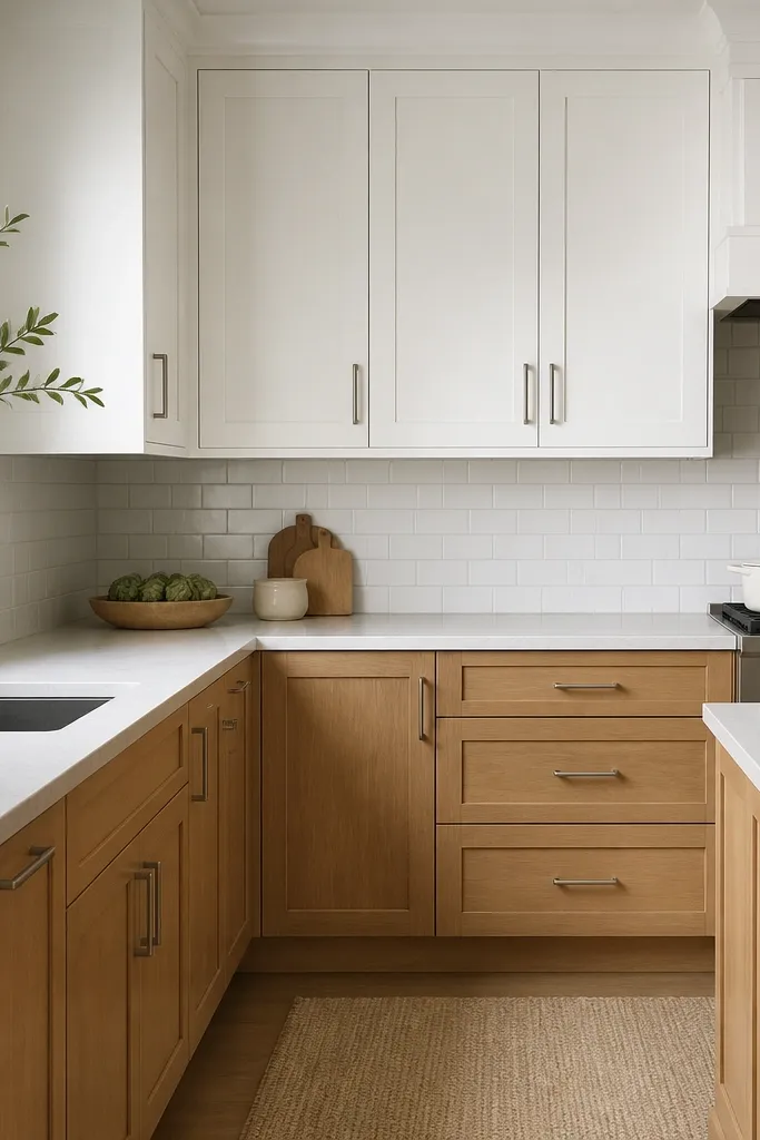 A kitchen with white shaker upper cabinets and natural oak shaker base cabinets. The cabinet doors have simple recessed panels, brushed nickel pulls, and a light quartz countertop. The backsplash is small white subway tile with light gray grout.
