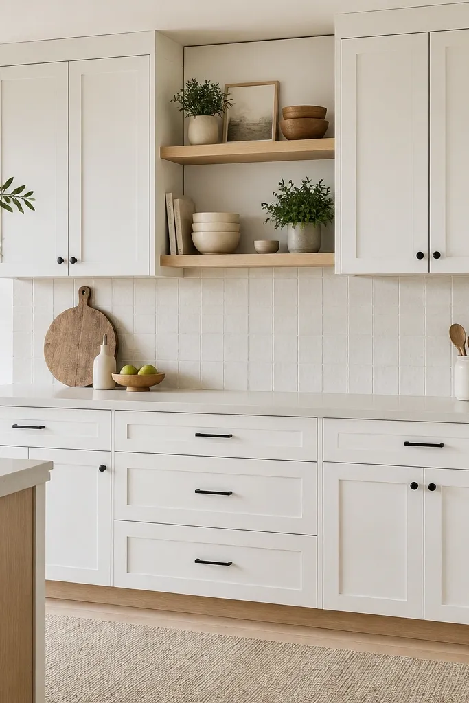 A kitchen where upper cabinets are all bright white closed doors. Between them, there are two oak open shelves with matching trim and a small oak toe-kick under the base cabinets. Hardware is matte black, and the countertop is a warm off-white quartz.