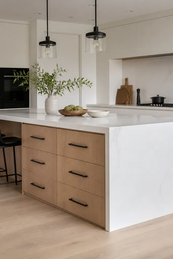 A wide kitchen island with an oak base cabinet and white surrounding perimeter cabinets. The island has a waterfall-style white countertop edge, oak shaker drawers, and black bar pulls. The rest of the cabinets are smooth white slab doors.