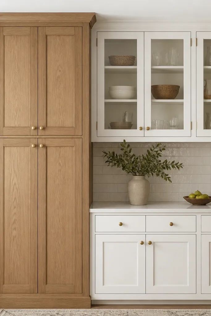 A pantry wall where the tall cabinet section is oak with a matching frame. Next to it are white glass-front upper cabinets with clear doors. The pantry has simple panel doors and a brass knob. The backsplash is warm white tile.